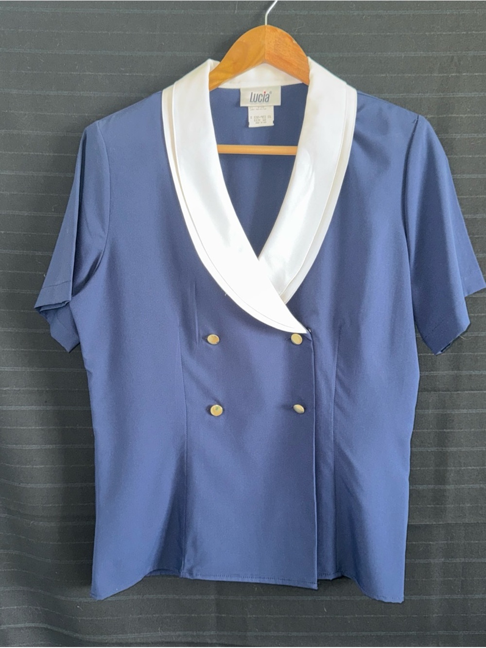 Lucia Navy Blazer Blouse w/ White Collar 10 Gold Button Secretary Chic Nautical